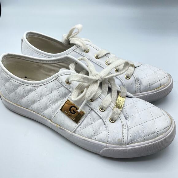 G By Guess White Faux Leather Quilted Lace Up Sneakers Womens 8 - Picture 1 of 10